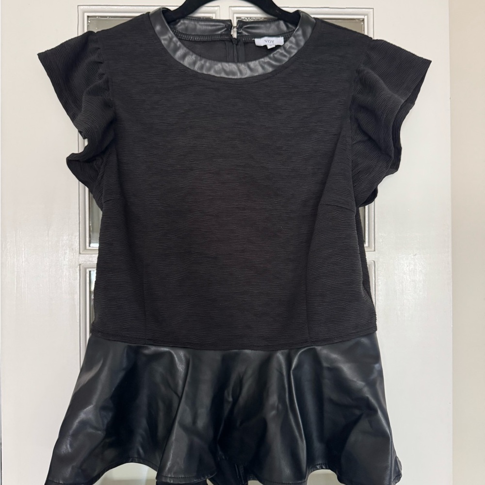 Chic Black Blouse with Leather Trim